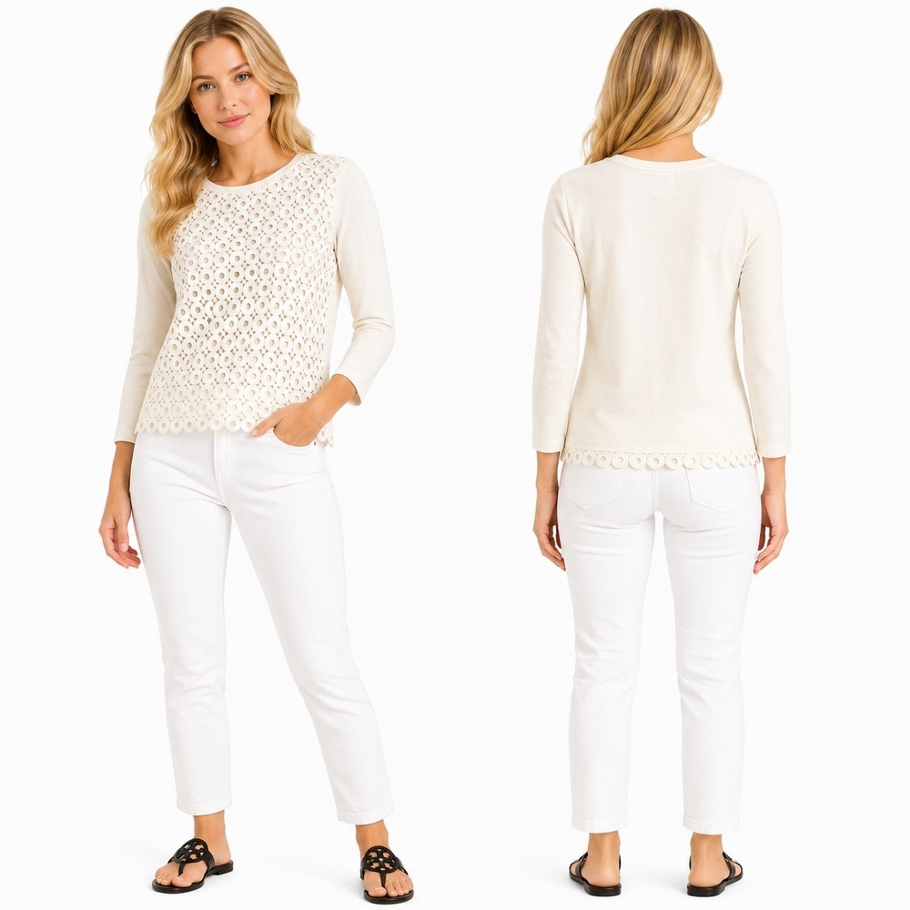 J.Crew Top Women XS Ivory Crochet Lace Front‎ Long Sleeve 37557 Cotton Crew Neck